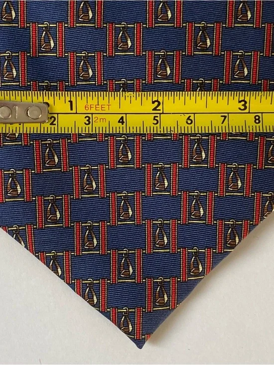 Equestrian Silk Tie Hand Tailored Stirrups Navy Blue Red Necktie Horses Preppy - Picture 5 of 13